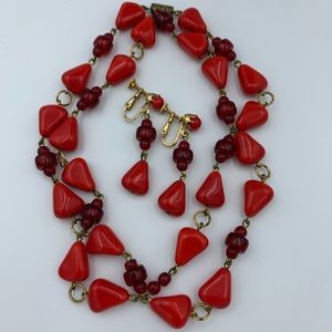 Red beaded necklace with matching earrings